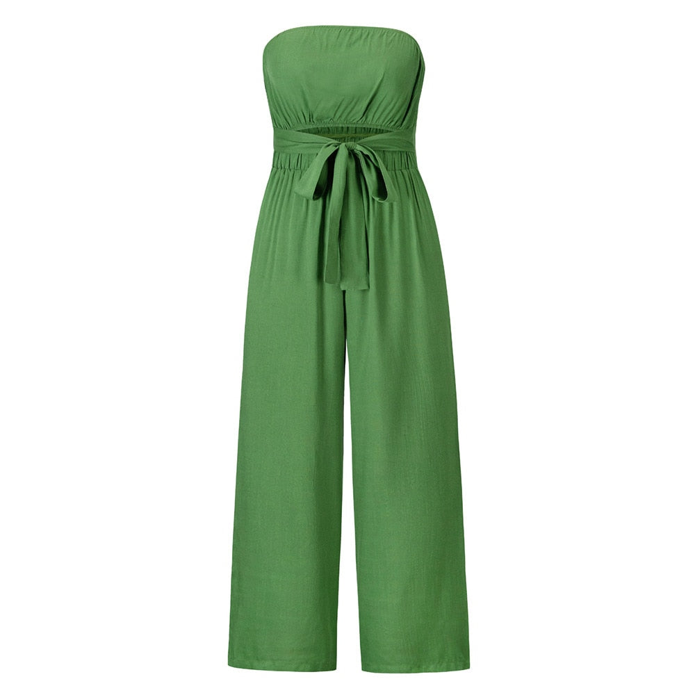 Grüner ärmelloser Jumpsuit aus Baumwolle, elegantes Design, Damenmode, Sommerkleidung.