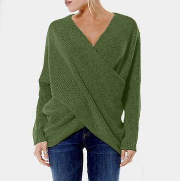 Grüner Damenpullover mit V-Ausschnitt, Strick, lässig, langärmelig, modisch, bequem.