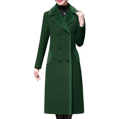 Damen Wintermantel grün, doppelt geknöpft, Wollmischung, elegantes Design, warm und stilvoll.