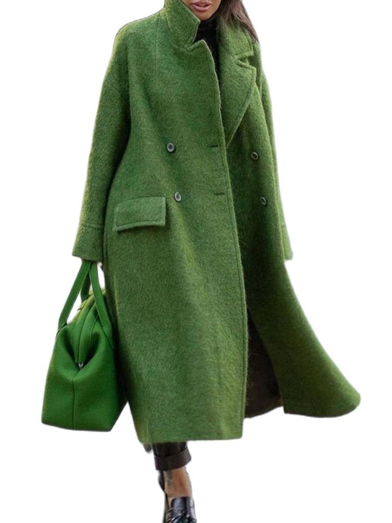 Grüner Wollmantel Damen, doppelreihig, elegant, mit Tasche, Herbstmode, stilvoll.