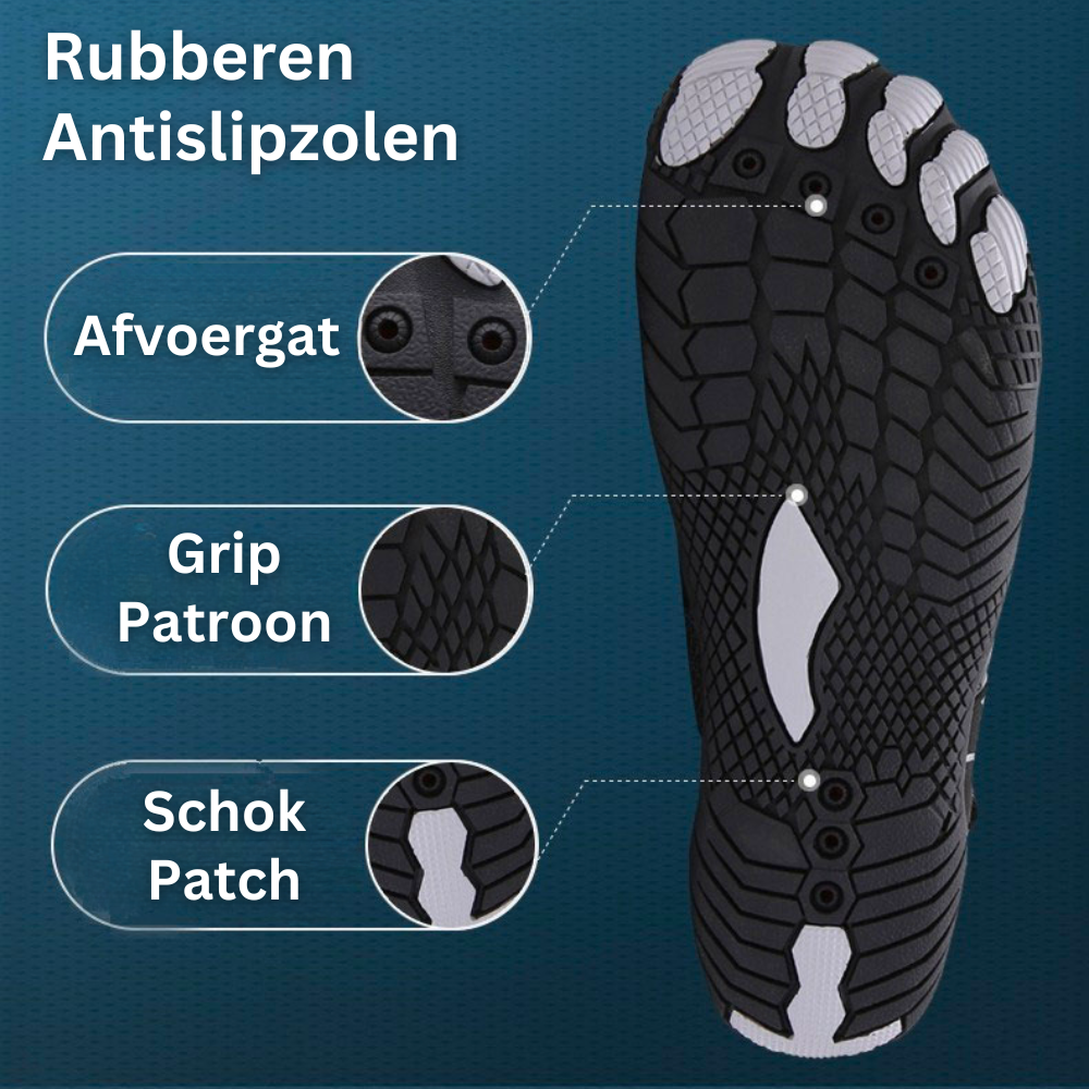 Gummisohle mit rutschfestem Profil, Abflussloch, Grip-Muster, Stoßdämpfung, schwarz.
