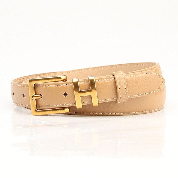 Beiger Ledergürtel mit goldener H-Schnalle, modisches Accessoire für Herren und Damen.