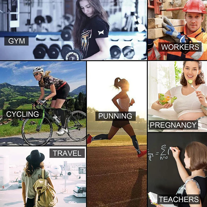 Collage mit Themen: Fitness, Arbeit, Radfahren, Laufen, Schwangerschaft, Reisen, Lehren.