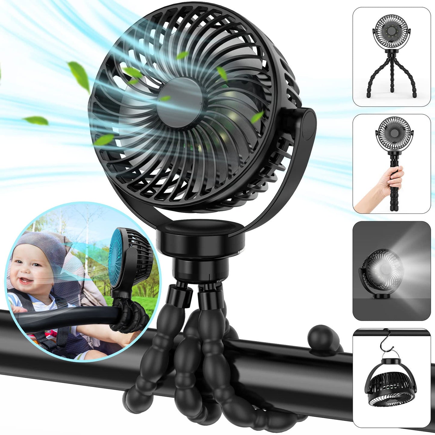 Schwarzer flexibler Mini-Ventilator mit biegsamen Beinen, ideal für Kinderwagen und Reisen.