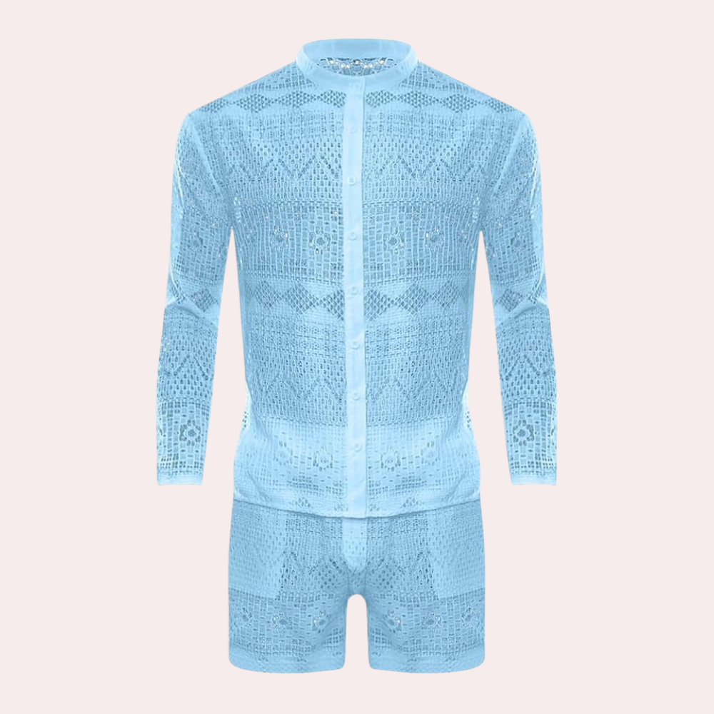 Hellblauer, durchsichtiger Spitzenanzug für Herren, langärmelig, modisch, Sommerkleidung.
