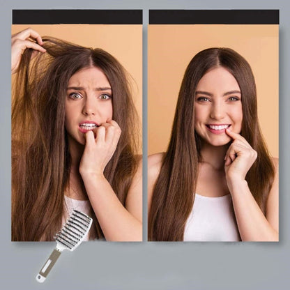Frau mit langem Haar vor und nach dem Kämmen mit Entwirrungsbürste, glattes Haar, Haarpflege.