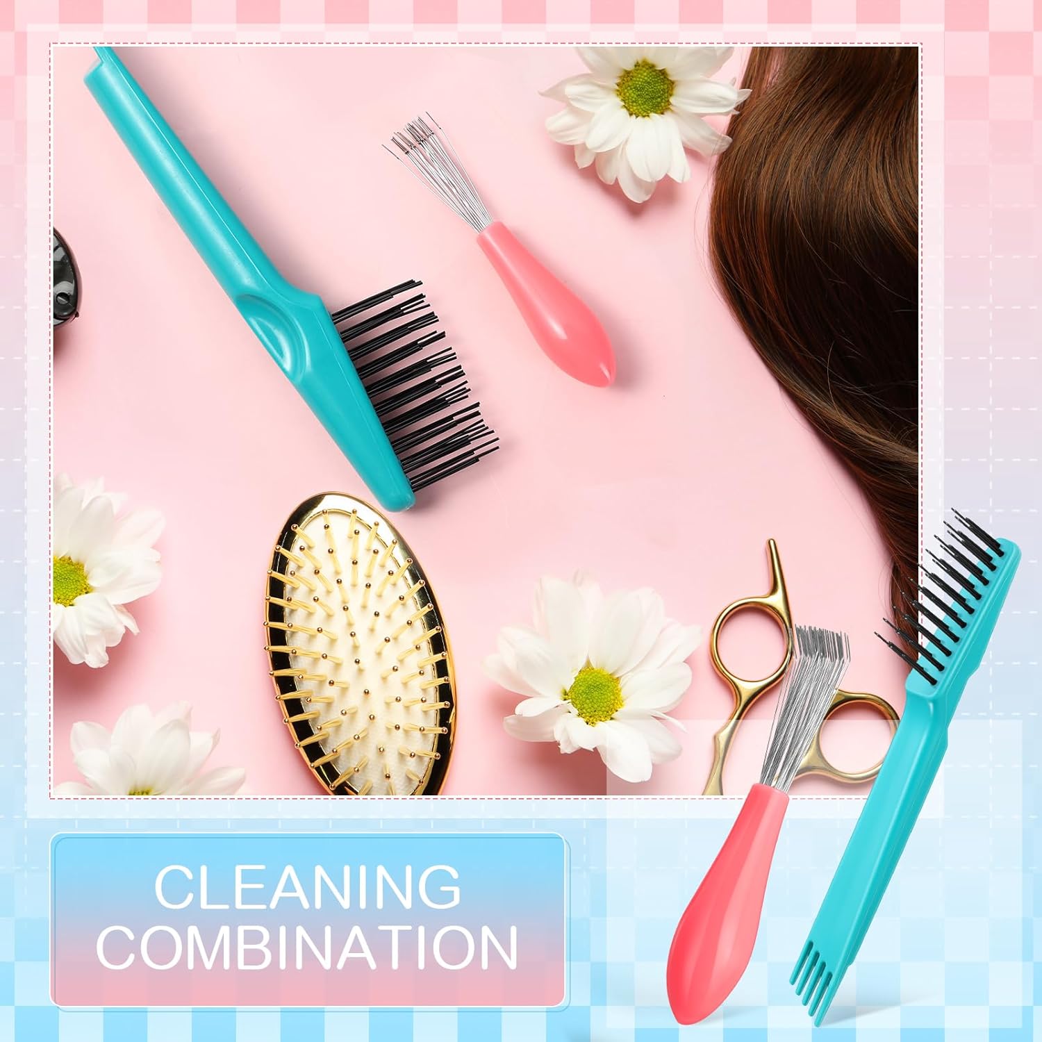 Haarbürsten-Reinigungsset, blau und rosa, mit Metallborsten, ideal für Haarpflege.