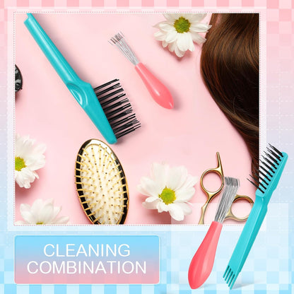 Haarbürsten-Reinigungsset, blau und rosa, mit Metallborsten, ideal für Haarpflege.
