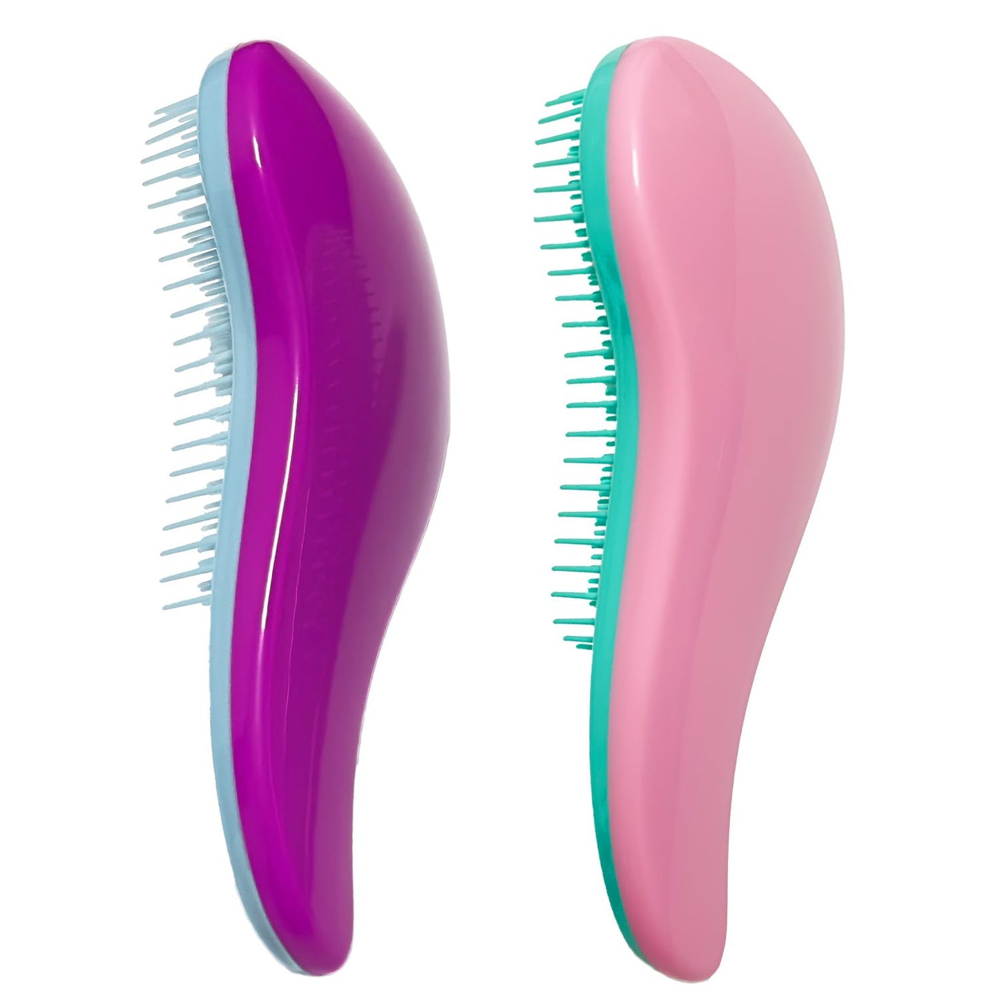 Zwei ergonomische Haarbürsten, lila und rosa, mit weichen Borsten für sanftes Entwirren.
