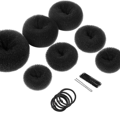 Schwarze Haardonut-Sets mit Haargummis und Haarnadeln, Styling-Zubehör für Hochsteckfrisuren.