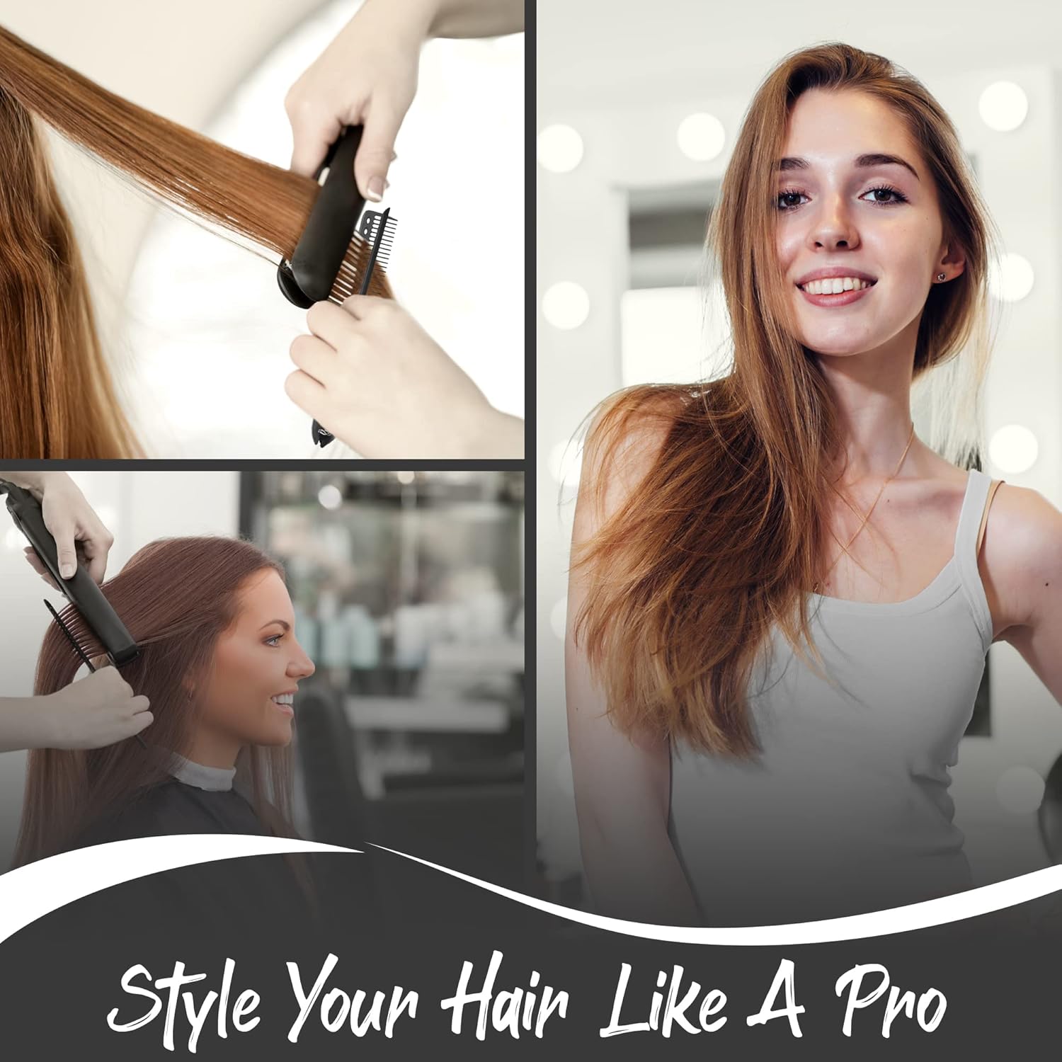 Frau mit glattem, langem Haar, Friseur verwendet Glätteisen, Haarstyling, Salon.
