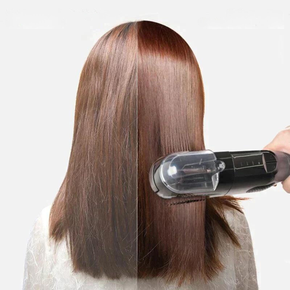 Haarglätter und Staubsauger, braunes Haar, Glättung, Haarpflegegerät, Vorher-Nachher-Effekt
