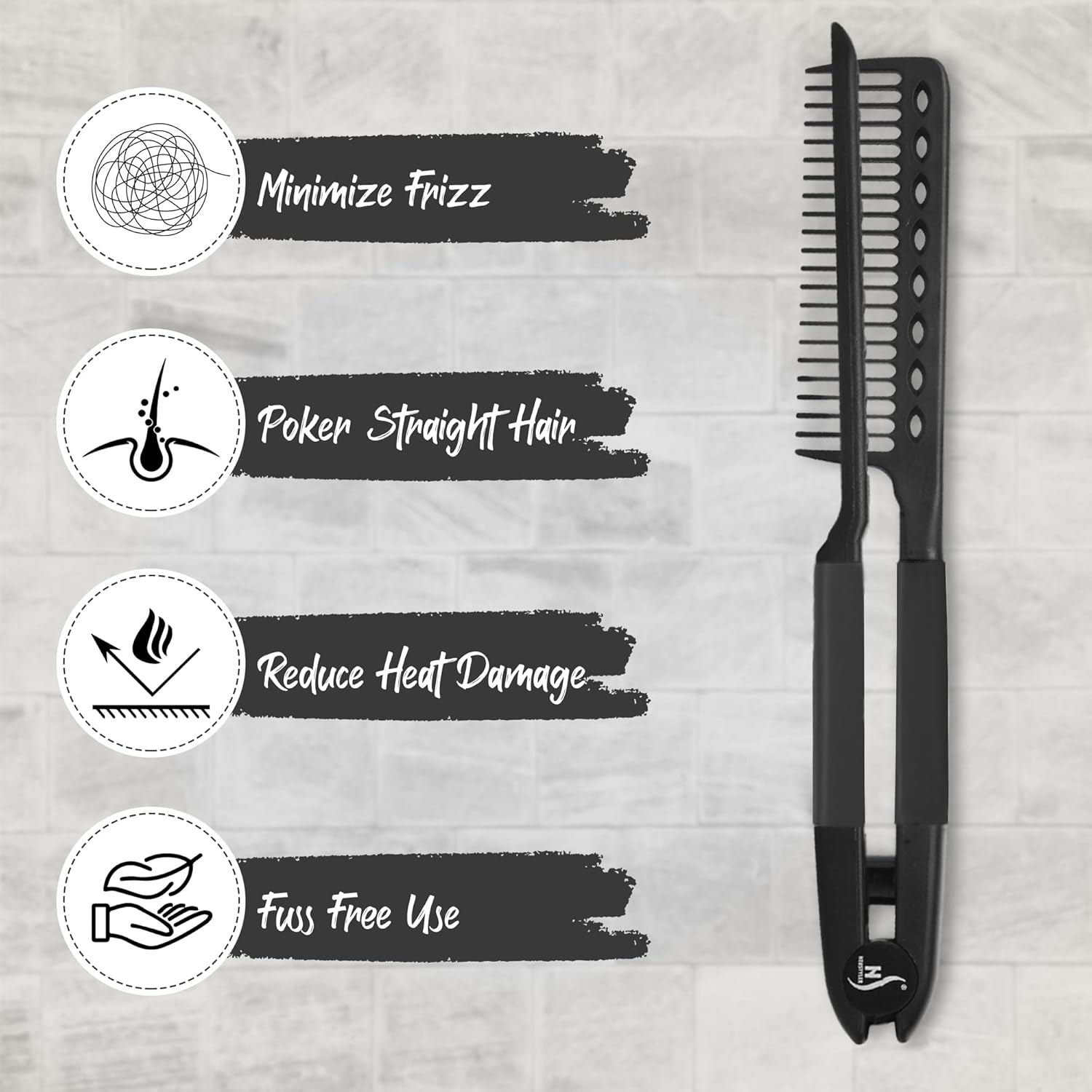 Schwarzer Haarglätter-Kamm, hitzebeständig, reduziert Frizz, schützt vor Hitzeschäden.