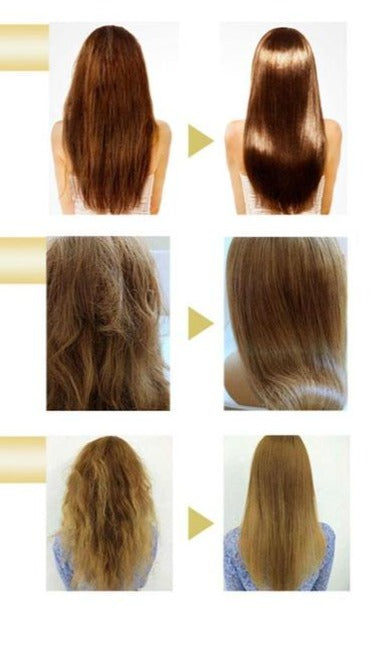 Vorher-Nachher-Bild von Haaren, Glättungseffekt, braun, glänzend, glattes Haar, Haarpflege.