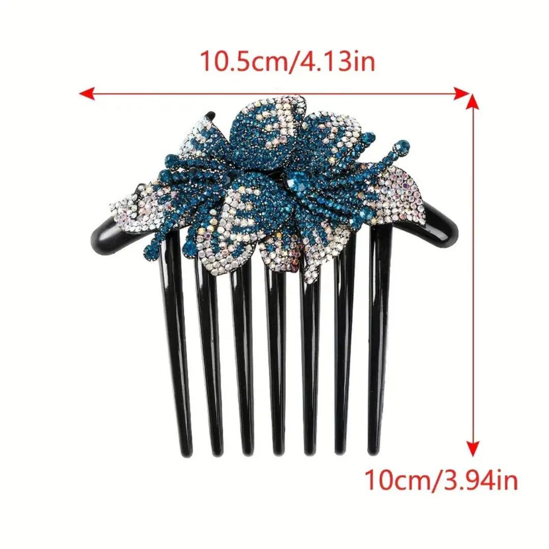 Schwarzer Haarkamm mit blauer Strassblume, 10,5 cm, elegantes Haaraccessoire.