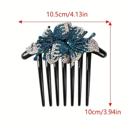 Schwarzer Haarkamm mit blauer Strassblume, 10,5 cm, elegantes Haaraccessoire.