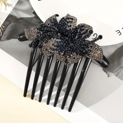 Schwarzer Haarkamm mit glitzerndem Blumenmuster, elegantes Haaraccessoire für Damen.
