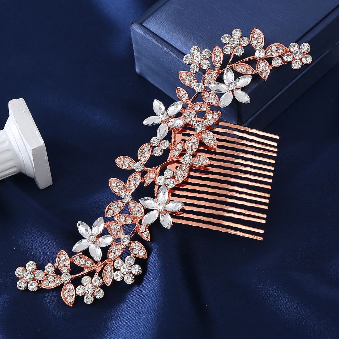 Roségold Haarkamm mit Kristallblumen, elegantes Brautaccessoire, Hochzeitsschmuck.