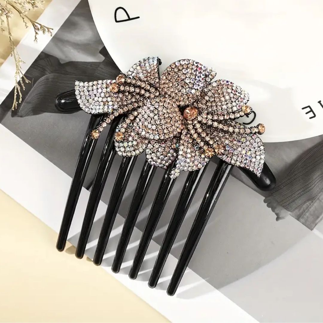 Schwarzer Haarkamm mit glitzerndem Blumen-Design, Strasssteine, elegantes Haaraccessoire.