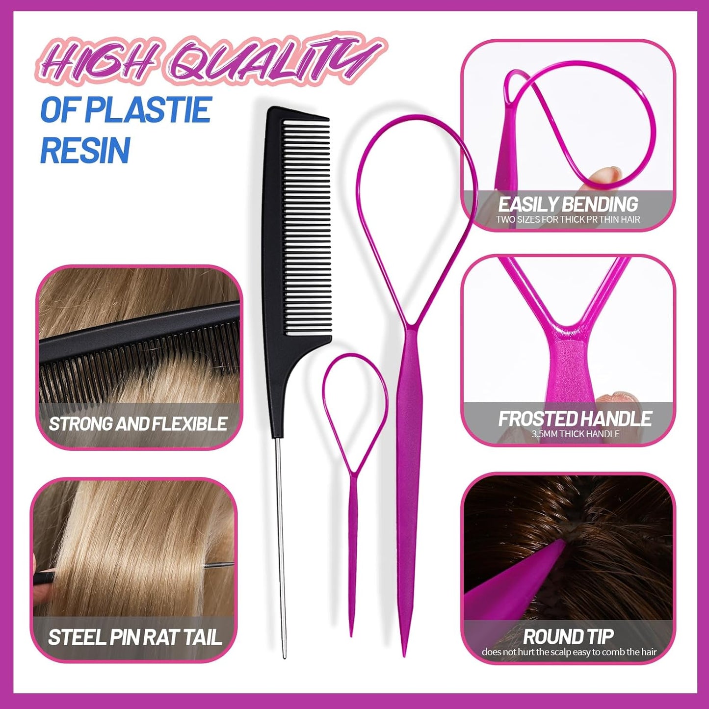 Haarstyling-Set: Lila Kunststoff-Haarwerkzeug mit Kamm, biegsam, rutschfester Griff.
