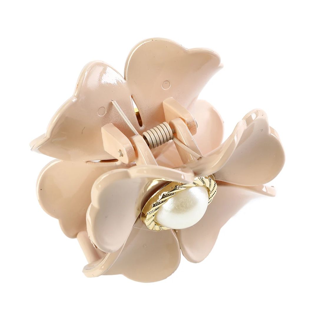 Beige Haarspange Blume mit Perle, Kunststoff, modisches Accessoire, Haarschmuck Damen.