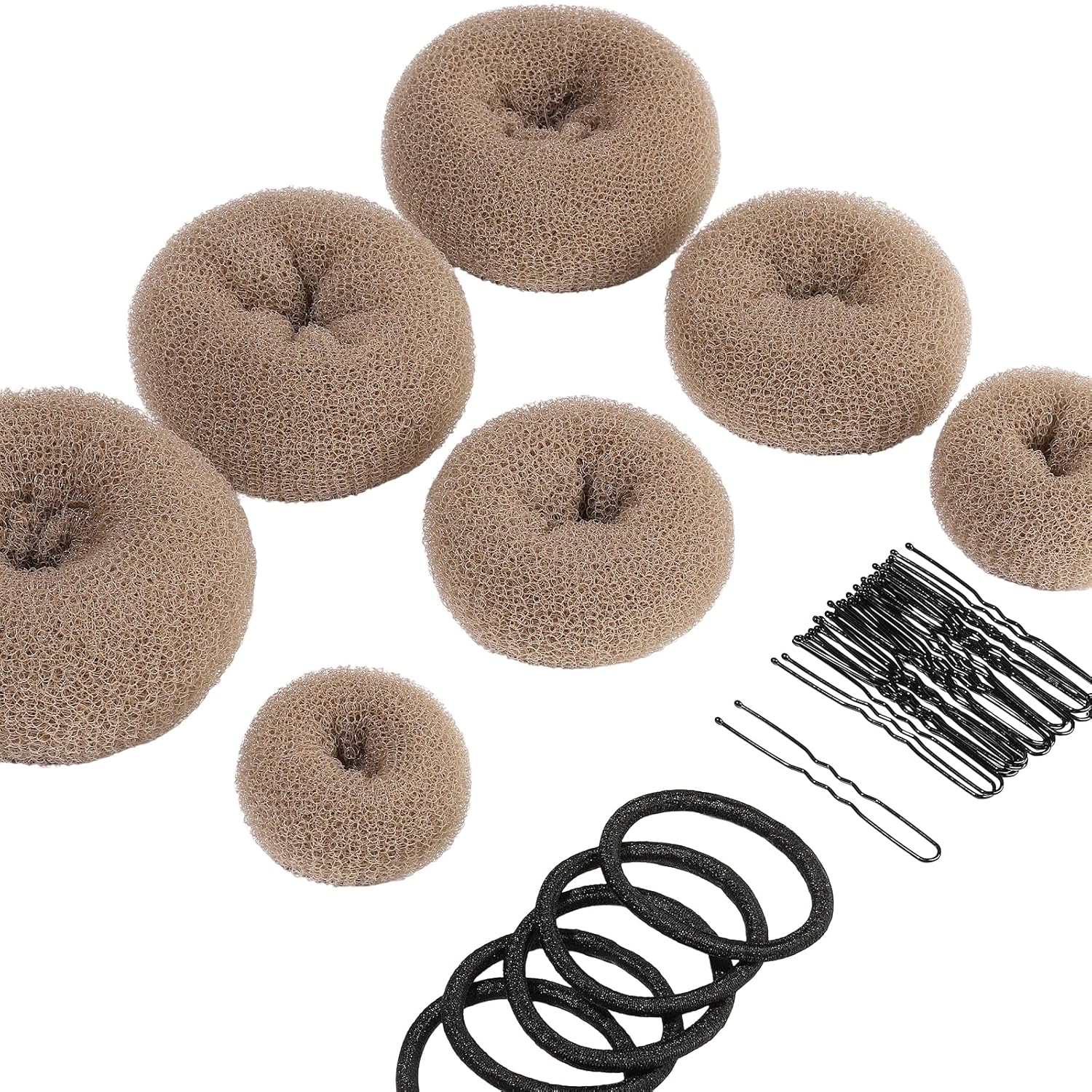 Braune Haardonut-Sets mit Haarnadeln und Haargummis, ideal für Hochsteckfrisuren.