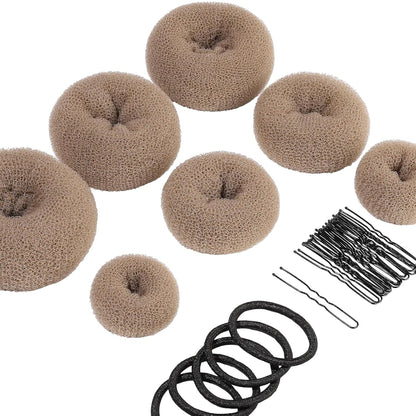 Braune Haardonut-Sets mit Haarnadeln und Haargummis, ideal für Hochsteckfrisuren.