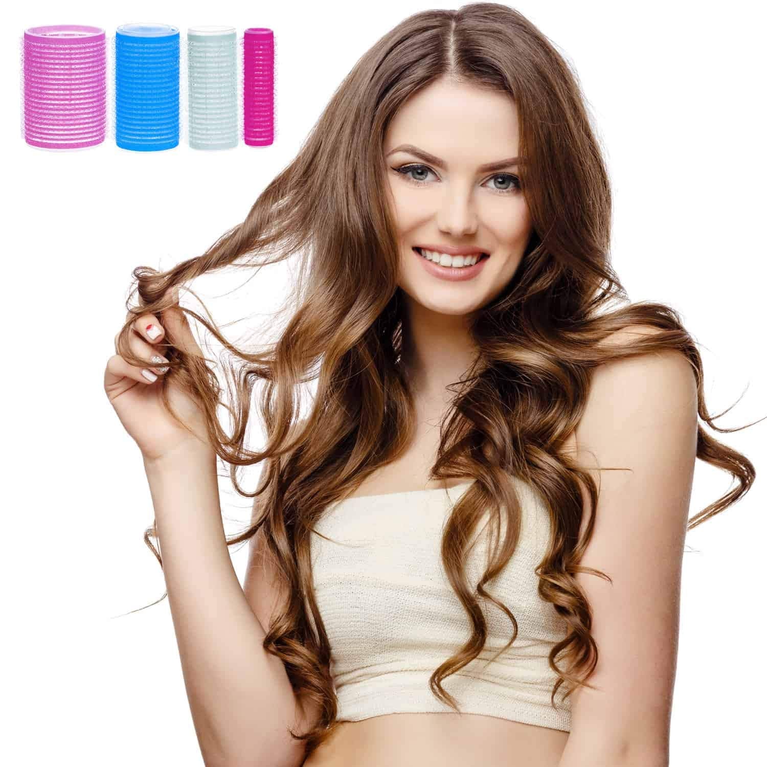Frau mit langen Haaren, bunte Klettwickler, Haarstyling, Lockenwickler Set, Friseurbedarf.