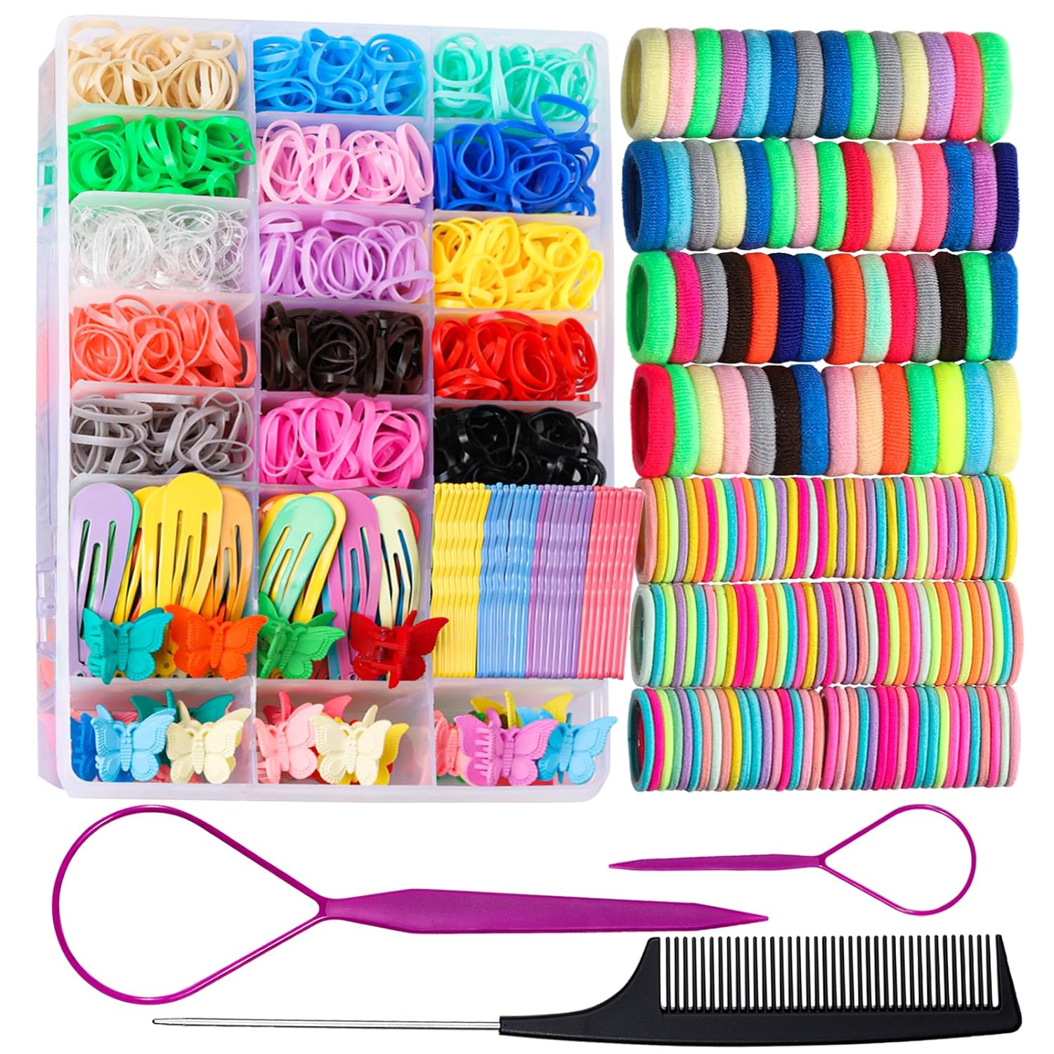 Haarstyling-Set mit bunten Haargummis, Clips, Kamm und Flechtnadel, ideal für Frisuren.