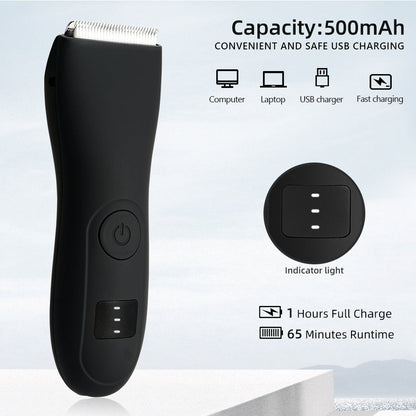 Schwarzer elektrischer Haarschneider mit USB-Ladefunktion, 500mAh, 65 Minuten Laufzeit.