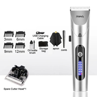 Riwa Haarschneider Set, silber, mit Aufsätzen, USB-Ladekabel, Ölflasche, Kamm, Schürze.