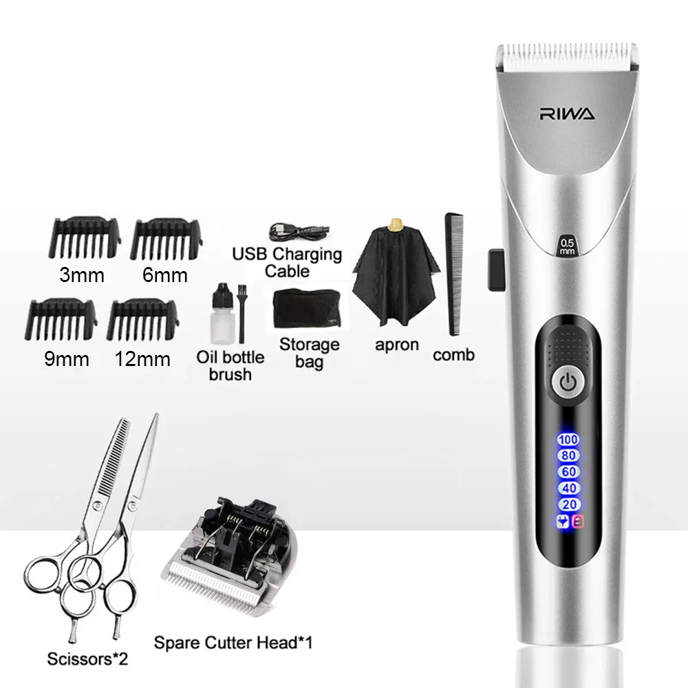 Elektrischer Haarschneider Set, silber, mit Kammaufsätzen, Schere, USB-Kabel, Ölflasche.