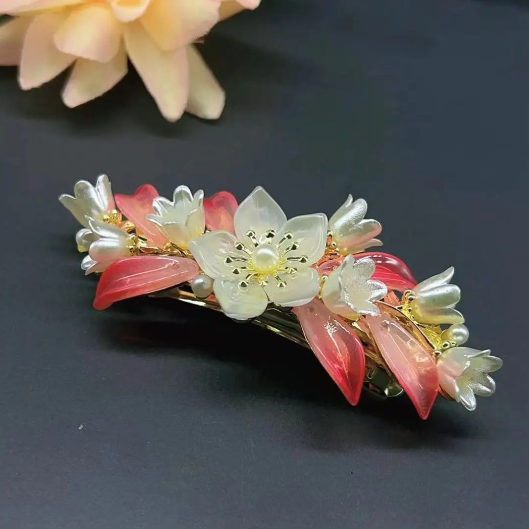 Haarspange Blumen Design, rot-weiß, Kunststoff, elegant, Haarschmuck Accessoire für Damen