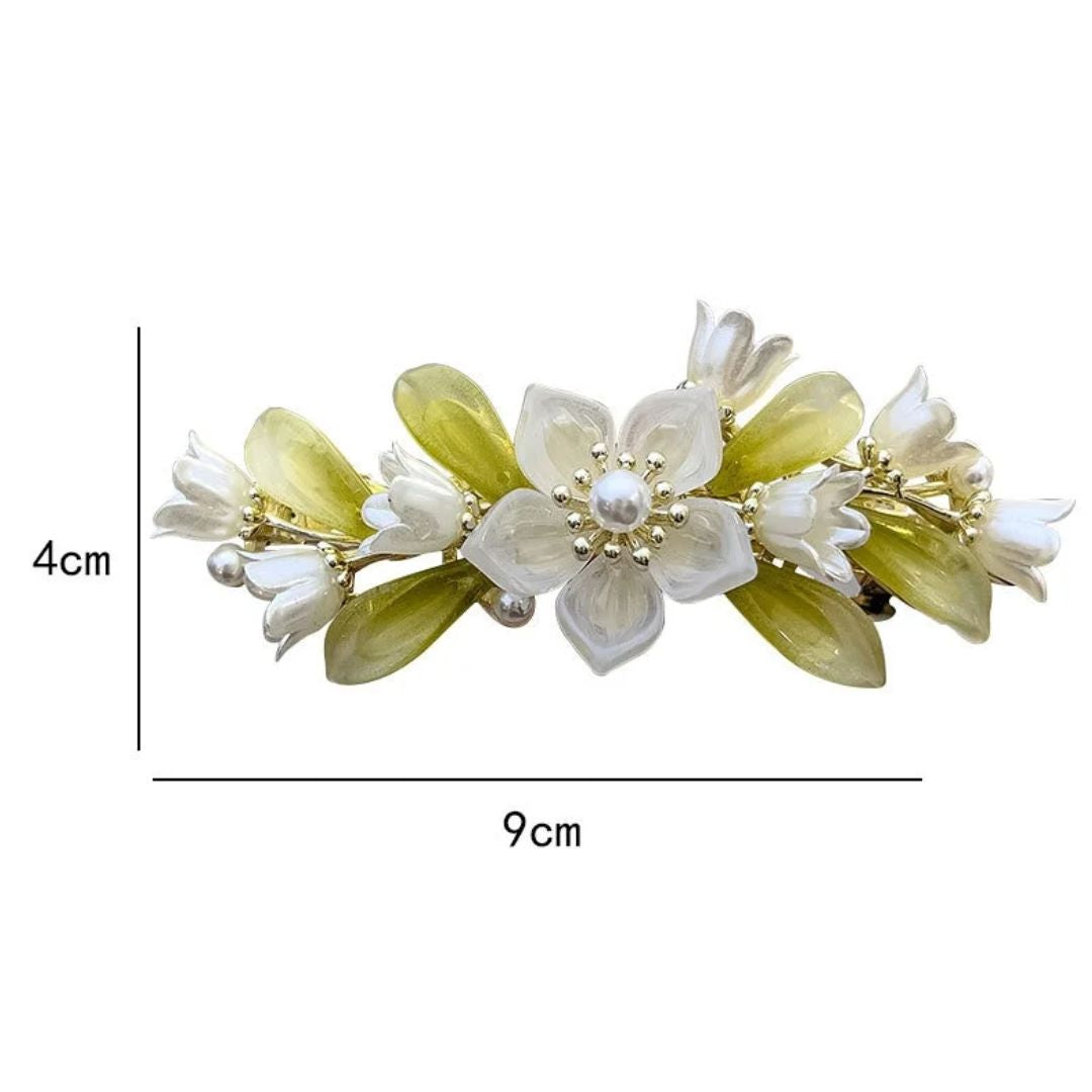Haarspange Blumen Design, Perlen, 9cm, weiß-grün, elegantes Accessoire, Hochzeit, Damenmode.