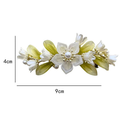 Haarspange Blumen Design, Perlen, 9cm, weiß-grün, elegantes Accessoire, Hochzeit, Damenmode.