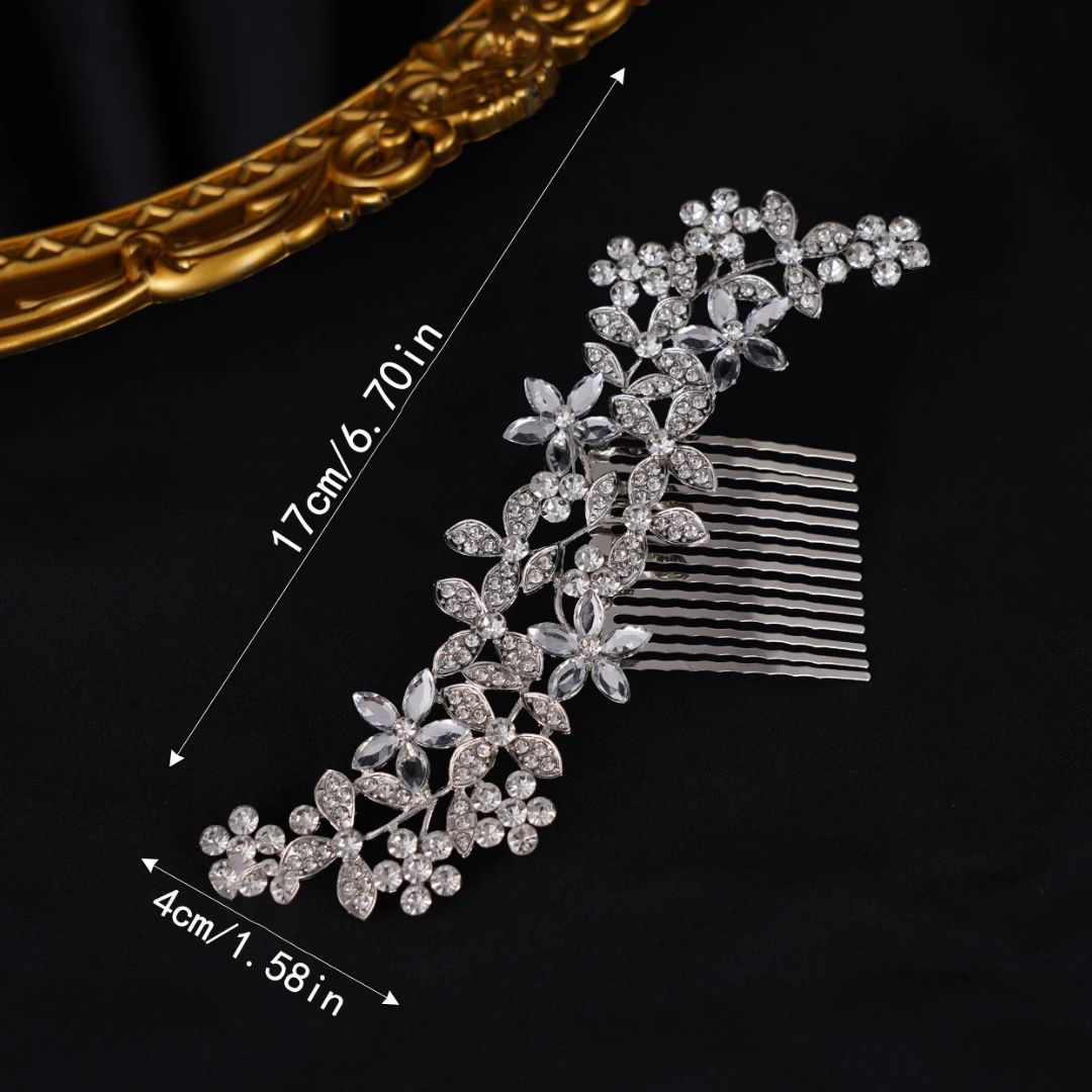 Silberne Haarspange mit Kristallblumen, 11 cm, Brautschmuck, Hochzeit Accessoire.