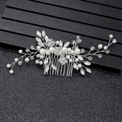 Silberne Haarklammer mit Perlen und Kristallen, Brautschmuck, Hochzeit Accessoire.