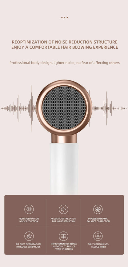 Haarföhn in Roségold mit Geräuschreduzierung, hoher Geschwindigkeit und dynamischer Balance.
