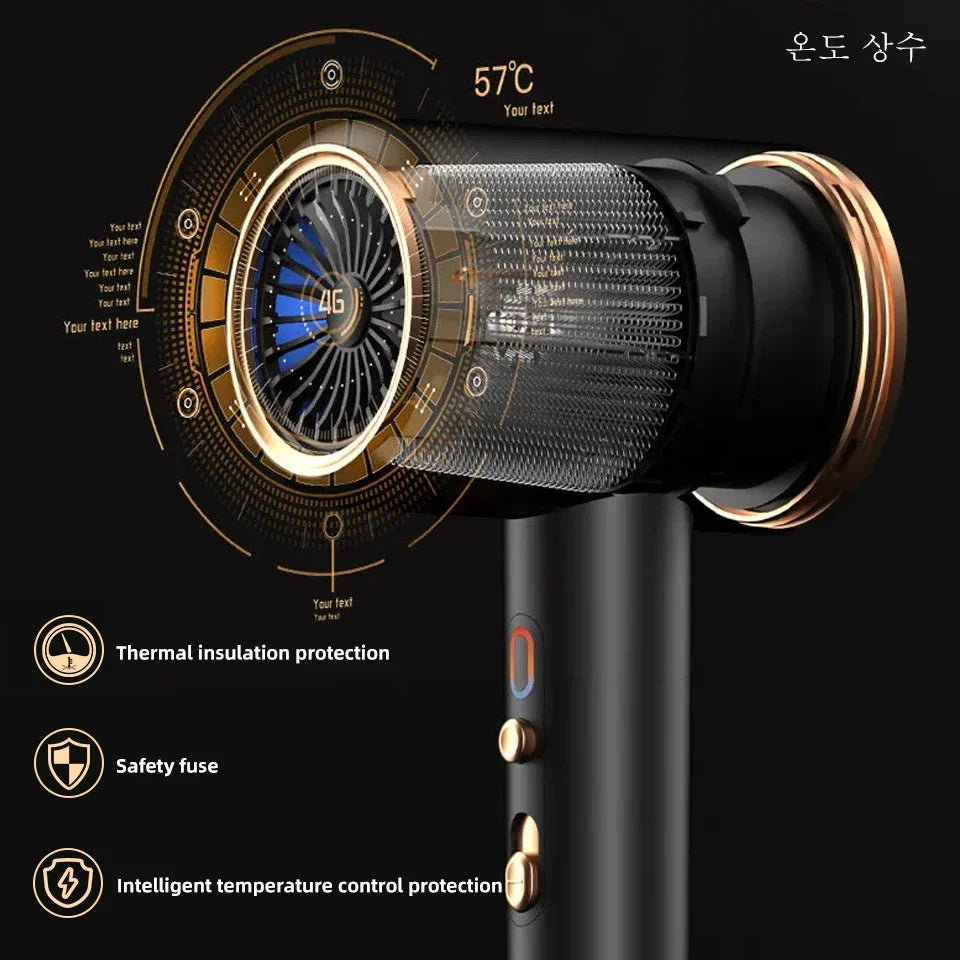 Schwarzer Haartrockner mit intelligentem Temperaturregler, goldene Akzente, Sicherheitsfunktionen.