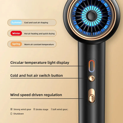 Schwarzer Haartrockner mit LED-Display, Temperaturregelung, Windgeschwindigkeit, modernem Design.