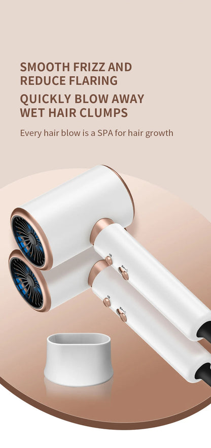 Moderner weißer Haartrockner mit goldenen Akzenten, leistungsstark und frizz-reduzierend.