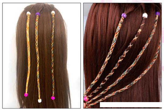 Geflochtene Haarverlängerungen, bunte Perlen, braunes Haar, modisches Accessoire.