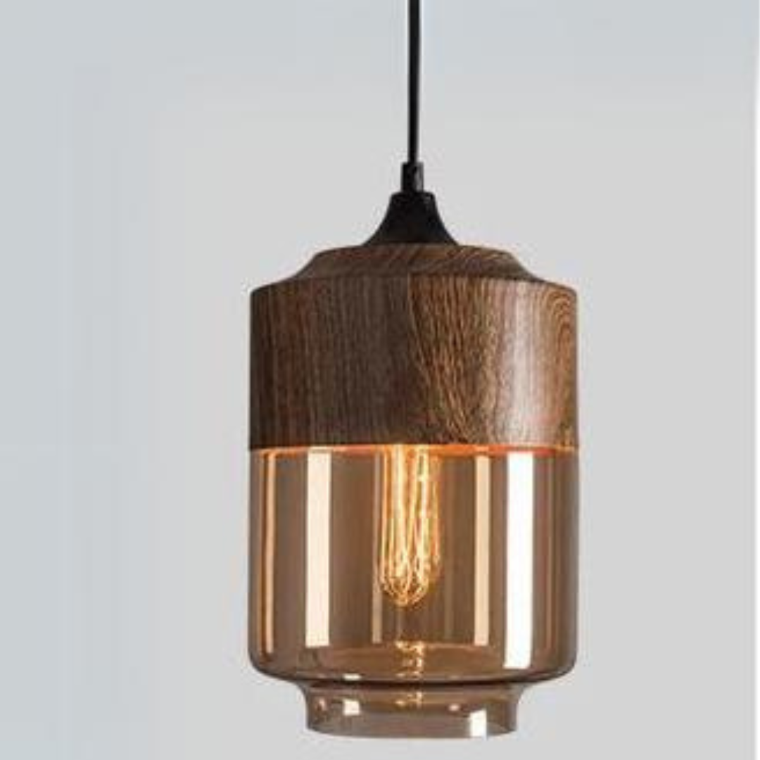 Hängelampe aus Holz und Glas, Vintage-Design, E27-Fassung, warmes Licht, Wohnzimmerbeleuchtung.