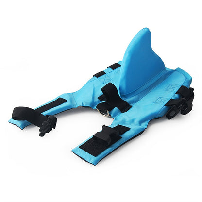 Blaues Hundeschwimmweste mit Haifischflosse, verstellbar, Sicherheitsgurt, Outdoor-Wassersport.