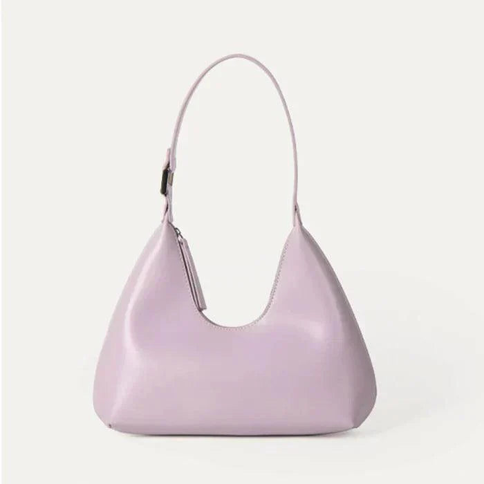 Lila Halbmondtasche aus Leder, tragbar, modisch, Damenhandtasche, elegantes Design.