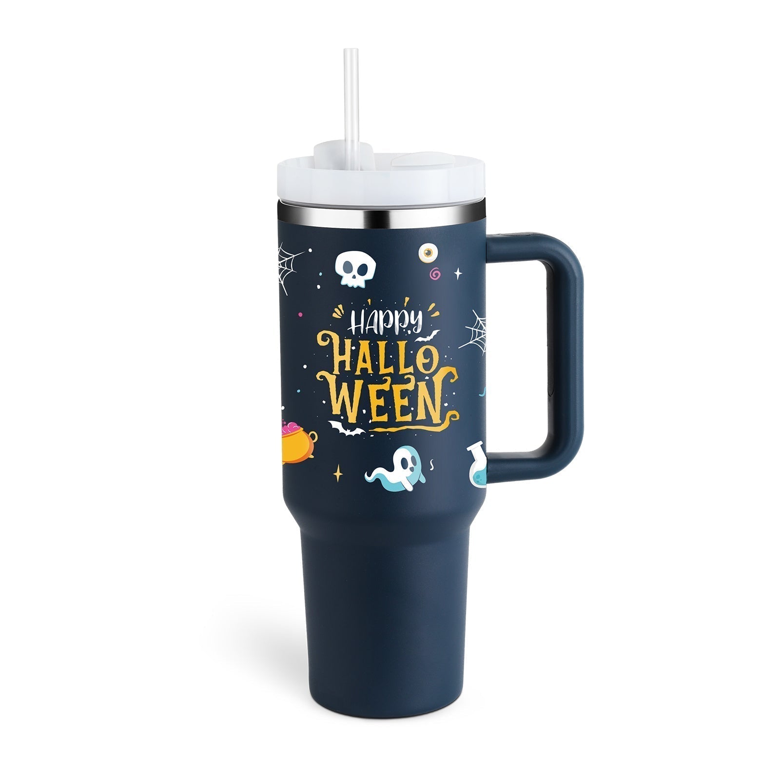 Halloween-Thermobecher mit Griff, Geister-Design, Dunkelblau, Kunststoff, Trinkhalm, 500ml.