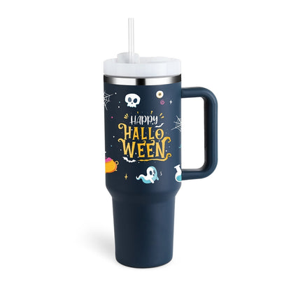 Halloween-Thermobecher mit Griff, Geister-Design, Dunkelblau, Kunststoff, Trinkhalm, 500ml.