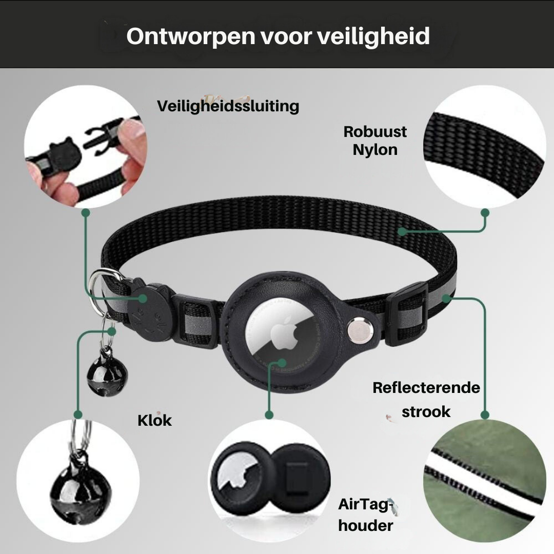 Schwarzes Nylon-Halsband mit AirTag-Halter, reflektierendem Streifen und Sicherheitsverschluss.
