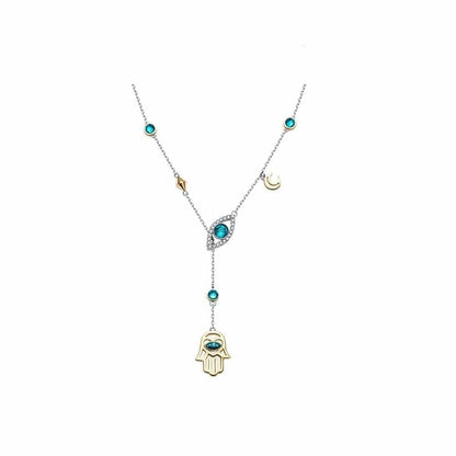 Orientalische Kristallhalskette, 925 Sterling Silber, Hamsa-Anhänger, türkis, Damen-Schmuck.