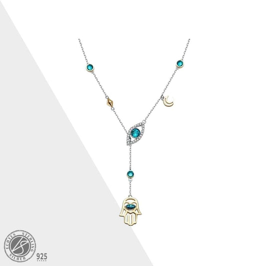 Orientalische Kristall-Halskette, 925 Sterling Silber, Hamsa-Anhänger, Türkis, Damen-Schmuck.